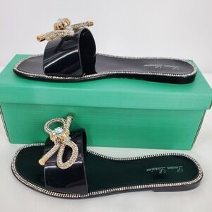 Lauren Lorraine Breeze Black‎ Rhinestone Bow Jelly Slide Sandal Womens 7.5